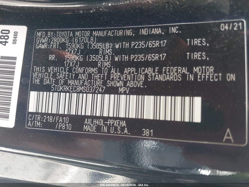 5TDKRKEC8MS037247 2021 TOYOTA SIENNA photo no. 9