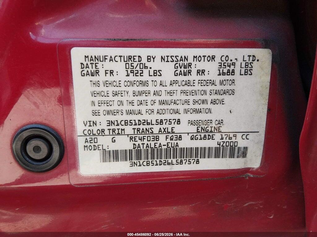 3N1CB51D26L587578 2006 NISSAN SENTRA photo no. 9