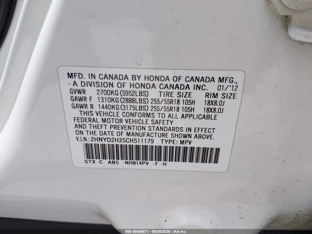 2HNYD2H35CH511179 2012 ACURA MDX photo no. 9