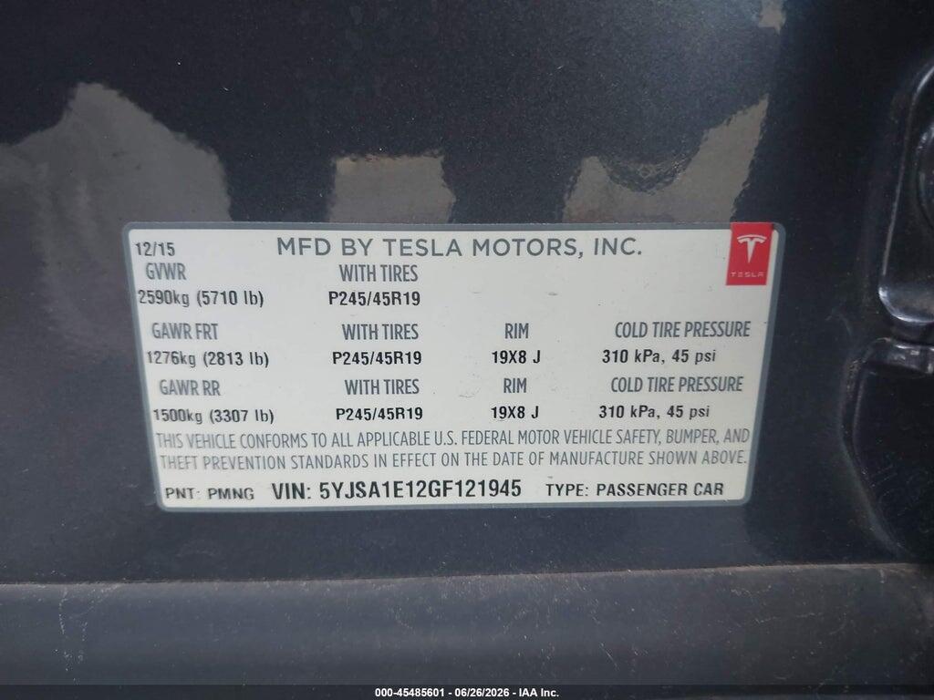 5YJSA1E12GF121945 2016 TESLA MODEL S photo no. 9