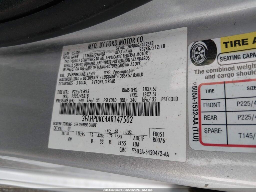 3FAHP0KC4AR147502 2010 FORD FUSION photo no. 9