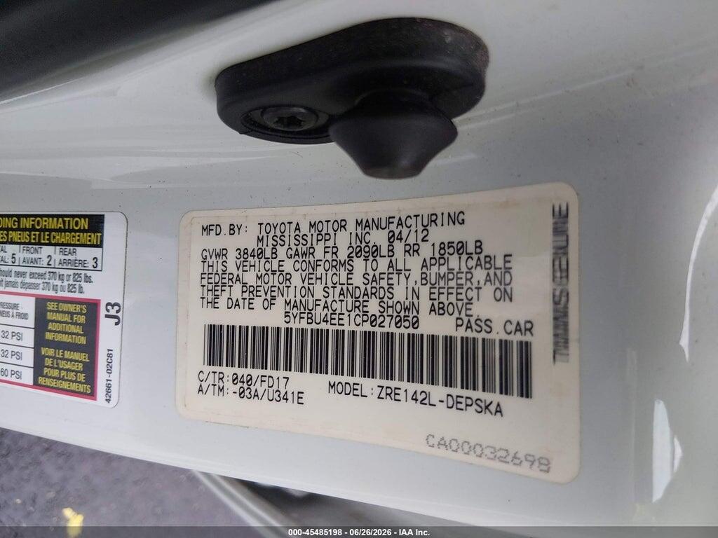 5YFBU4EE1CP027050 2012 TOYOTA COROLLA photo no. 9