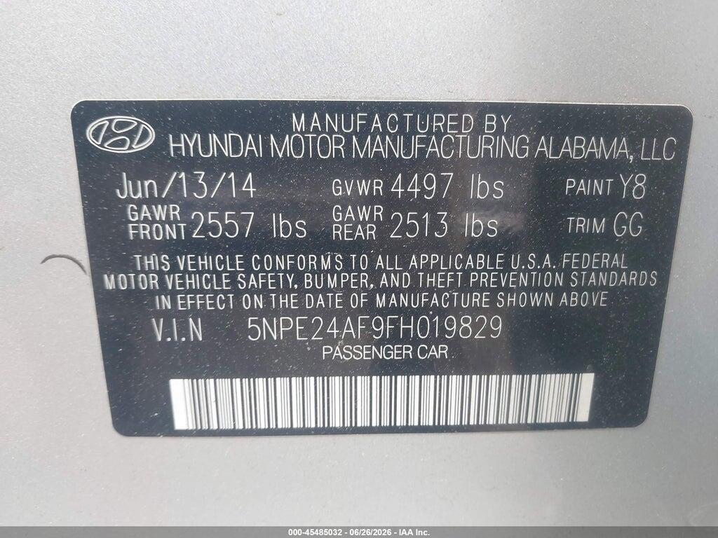 5NPE24AF9FH019829 2015 HYUNDAI SONATA photo no. 9