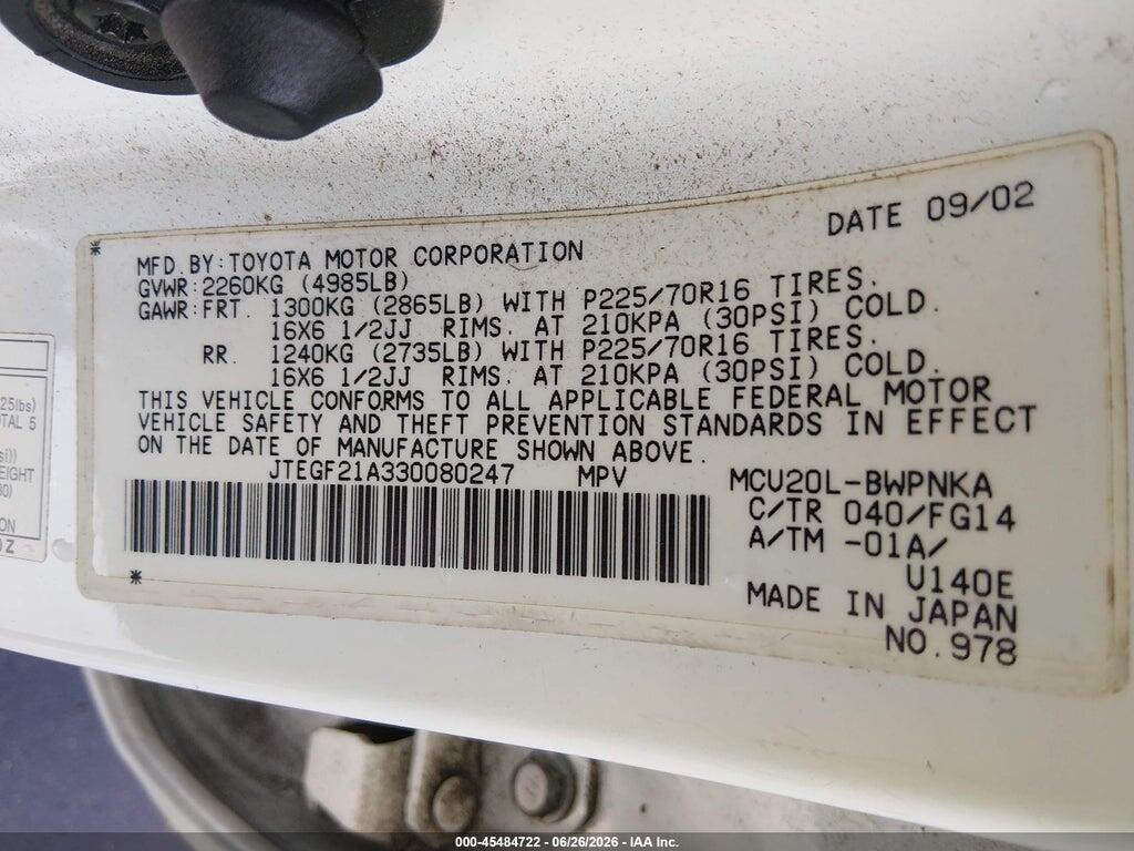 JTEGF21A330080247 2003 TOYOTA HIGHLANDER photo no. 9