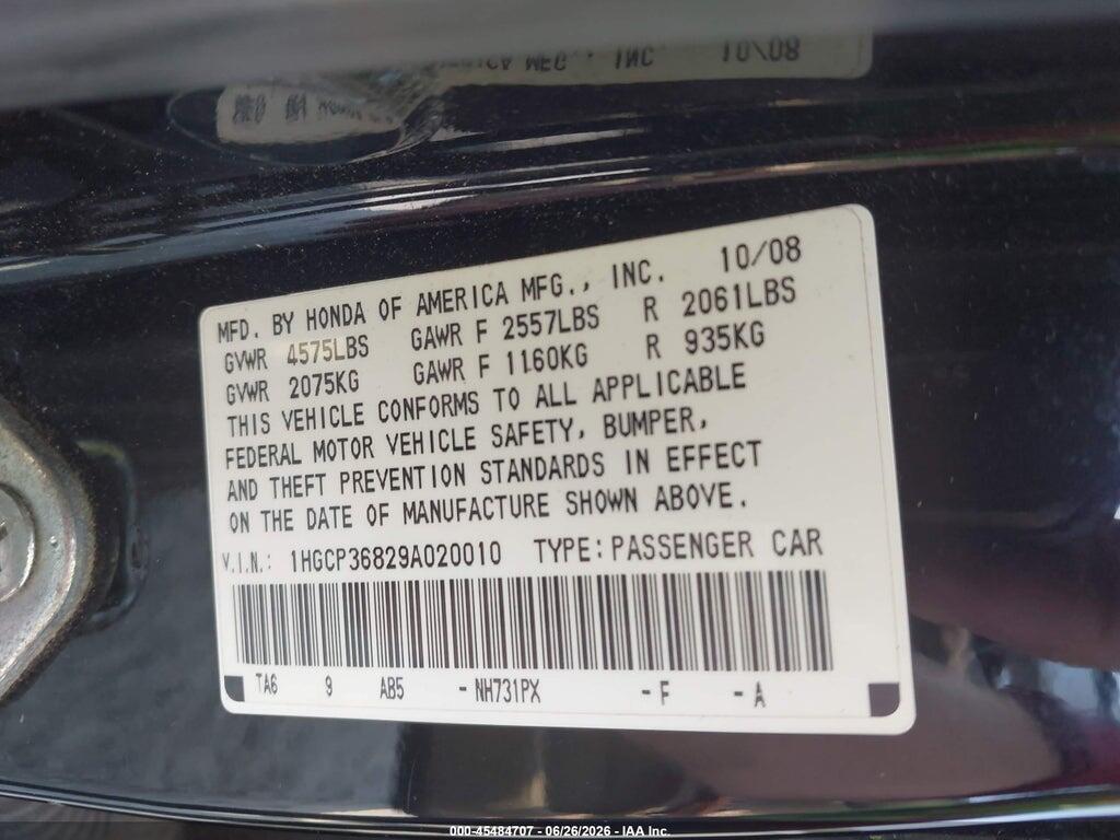 1HGCP36829A020010 2009 HONDA ACCORD photo no. 9