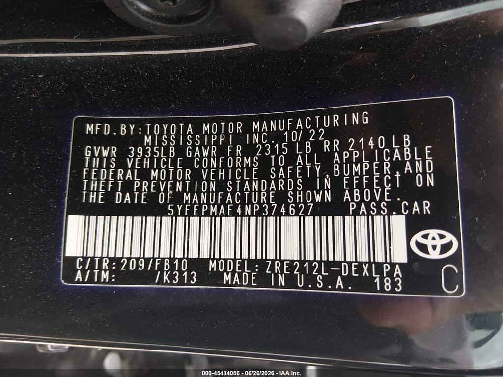 5YFEPMAE4NP374627 2022 TOYOTA COROLLA photo no. 9