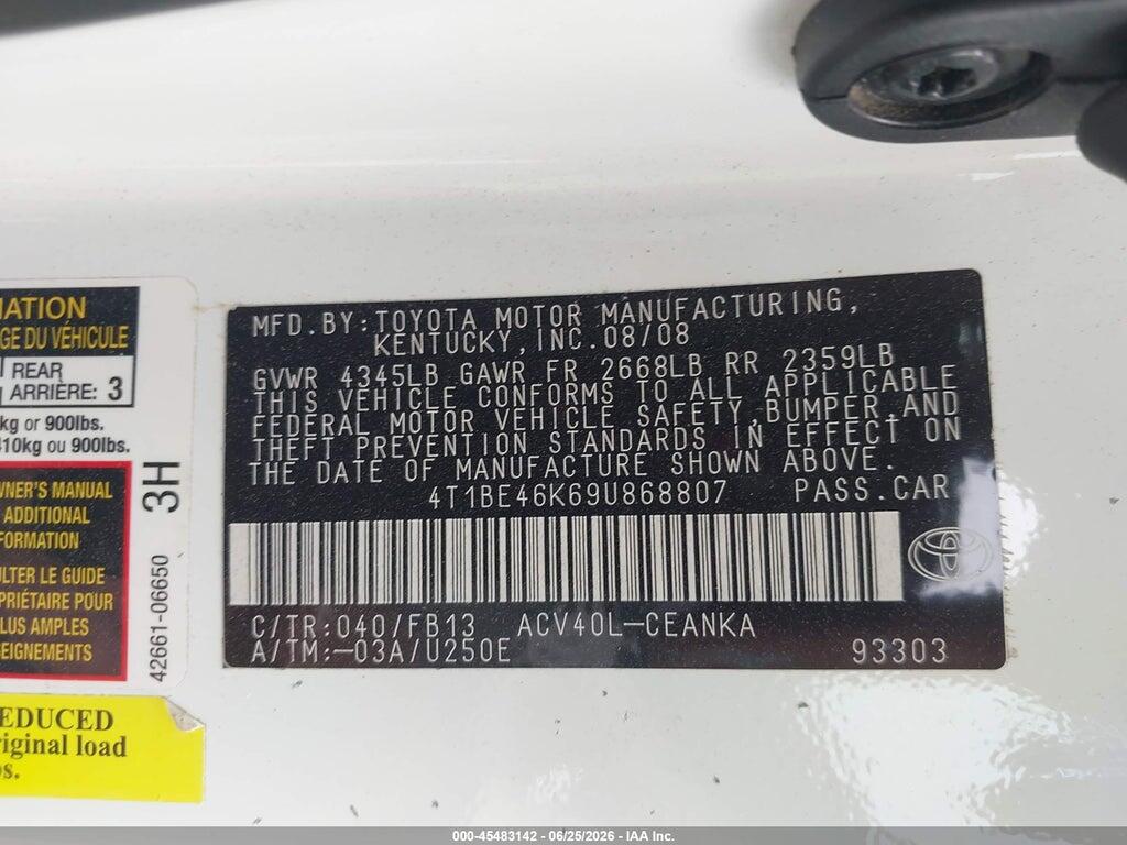 4T1BE46K69U868807 2009 TOYOTA CAMRY photo no. 9