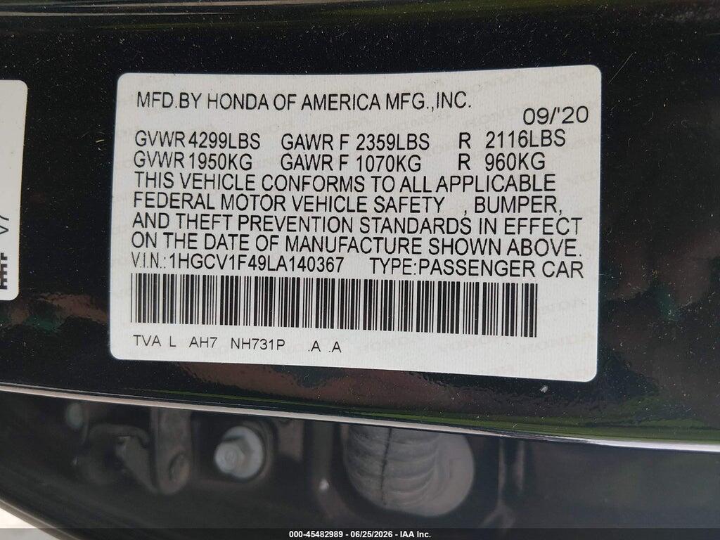 1HGCV1F49LA140367 2020 HONDA ACCORD photo no. 9