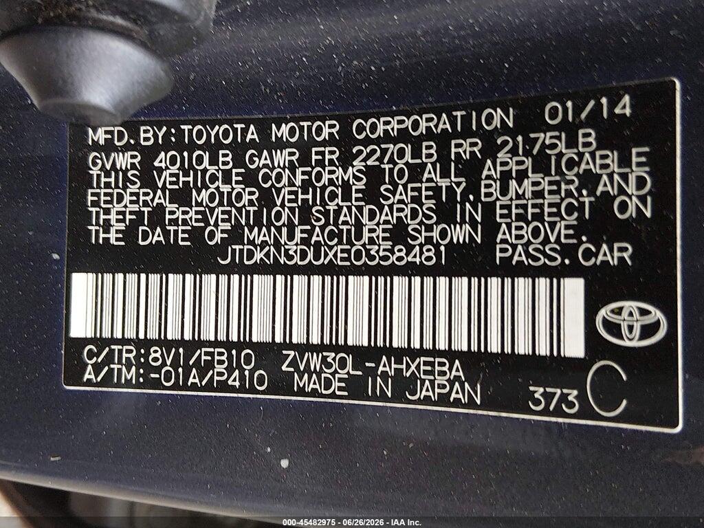 JTDKN3DUXE0358481 2014 TOYOTA PRIUS photo no. 9