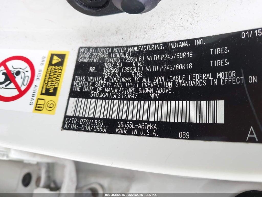 5TDJKRFH5FS129647 2015 TOYOTA HIGHLANDER photo no. 9