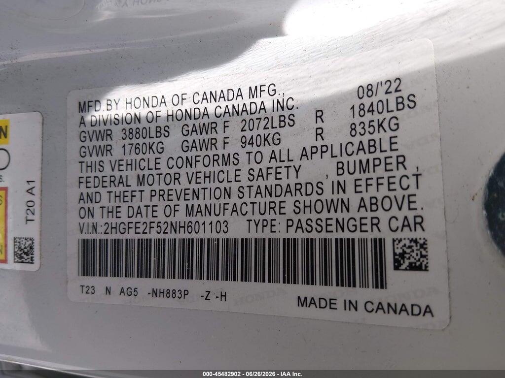 2HGFE2F52NH601103 2022 HONDA CIVIC photo no. 9