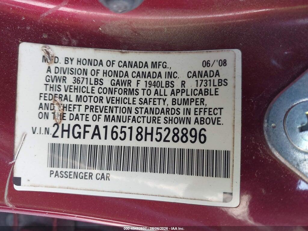 2HGFA16518H528896 2008 HONDA CIVIC photo no. 9