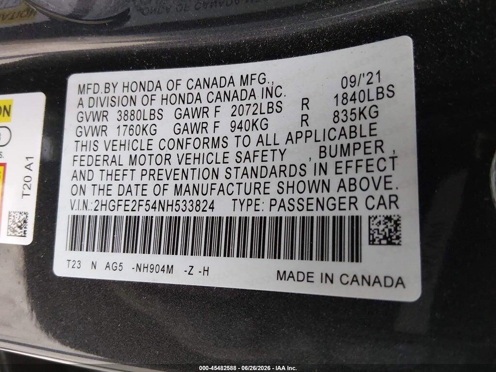 2HGFE2F54NH533824 2022 HONDA CIVIC photo no. 9