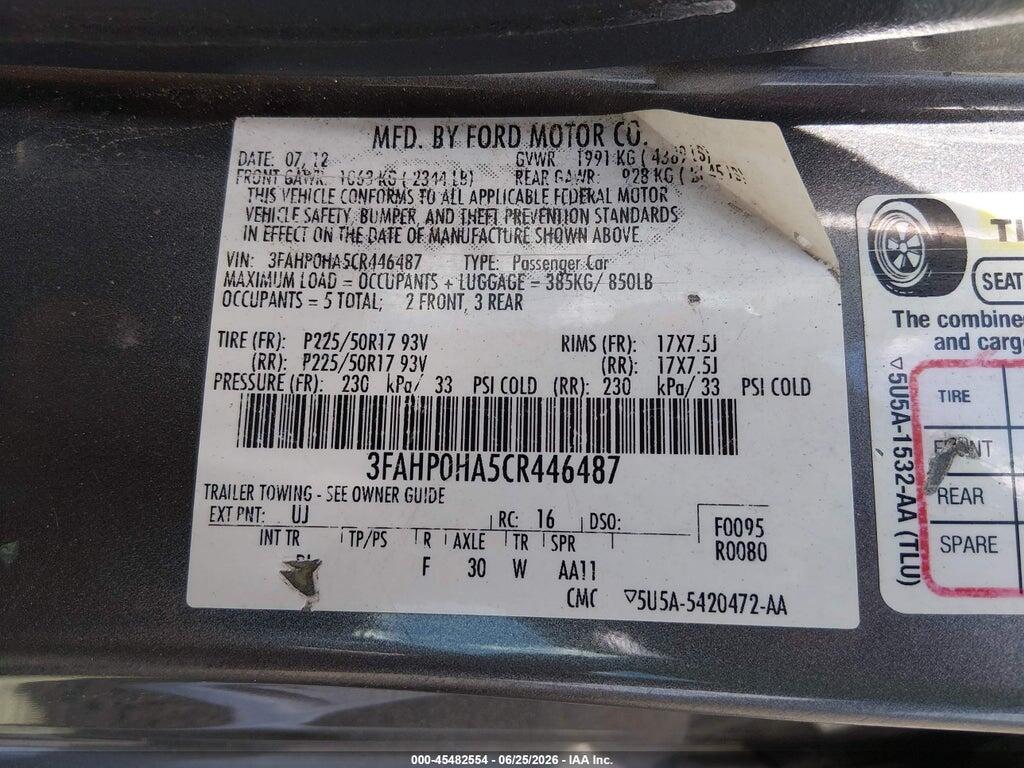 3FAHP0HA5CR446487 2012 FORD FUSION photo no. 9