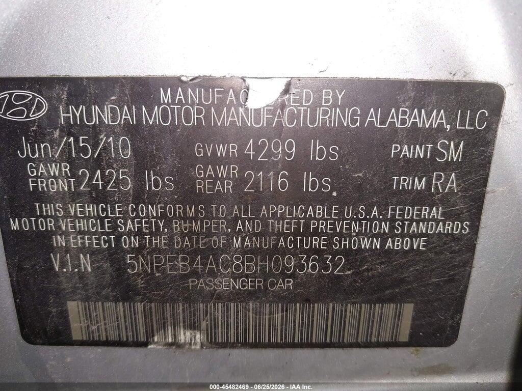 5NPEB4AC8BH093632 2011 HYUNDAI SONATA photo no. 9