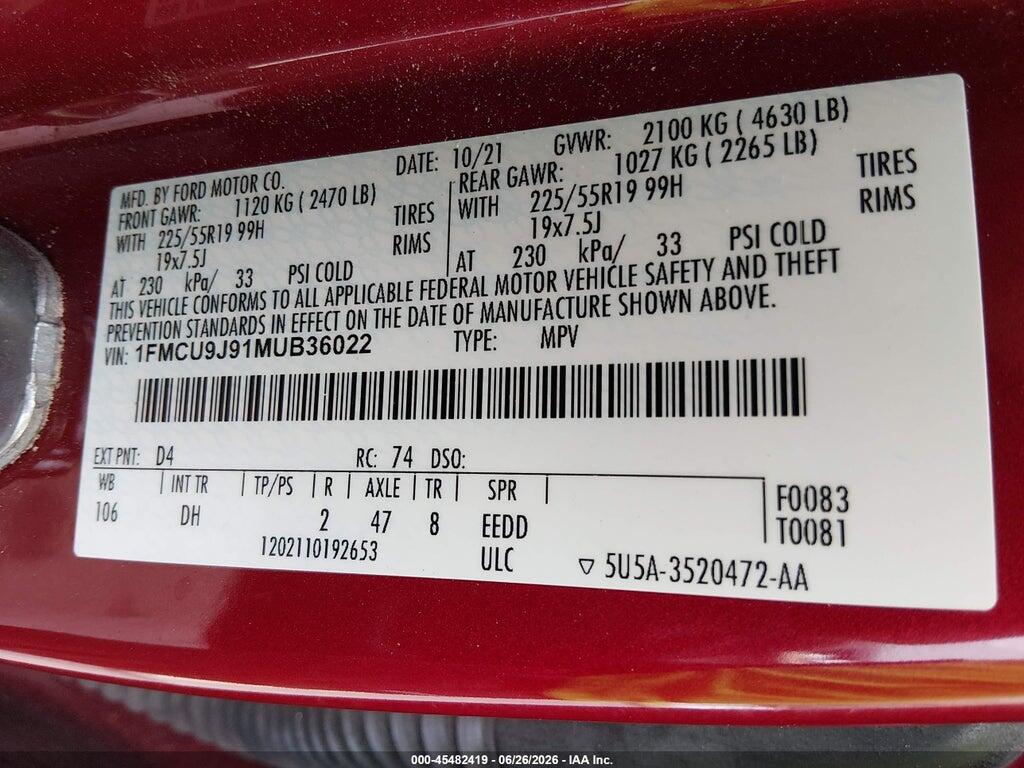 1FMCU9J91MUB36022 2021 FORD ESCAPE photo no. 9