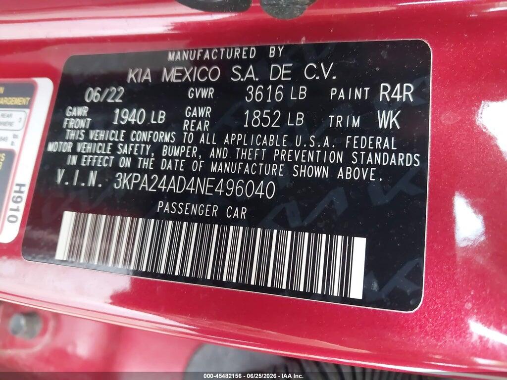 3KPA24AD4NE496040 2022 KIA RIO photo no. 9