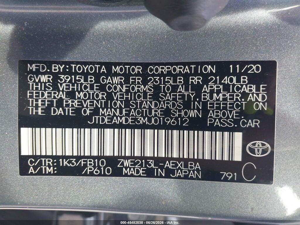 JTDEAMDE3MJ019612 2021 TOYOTA COROLLA photo no. 9