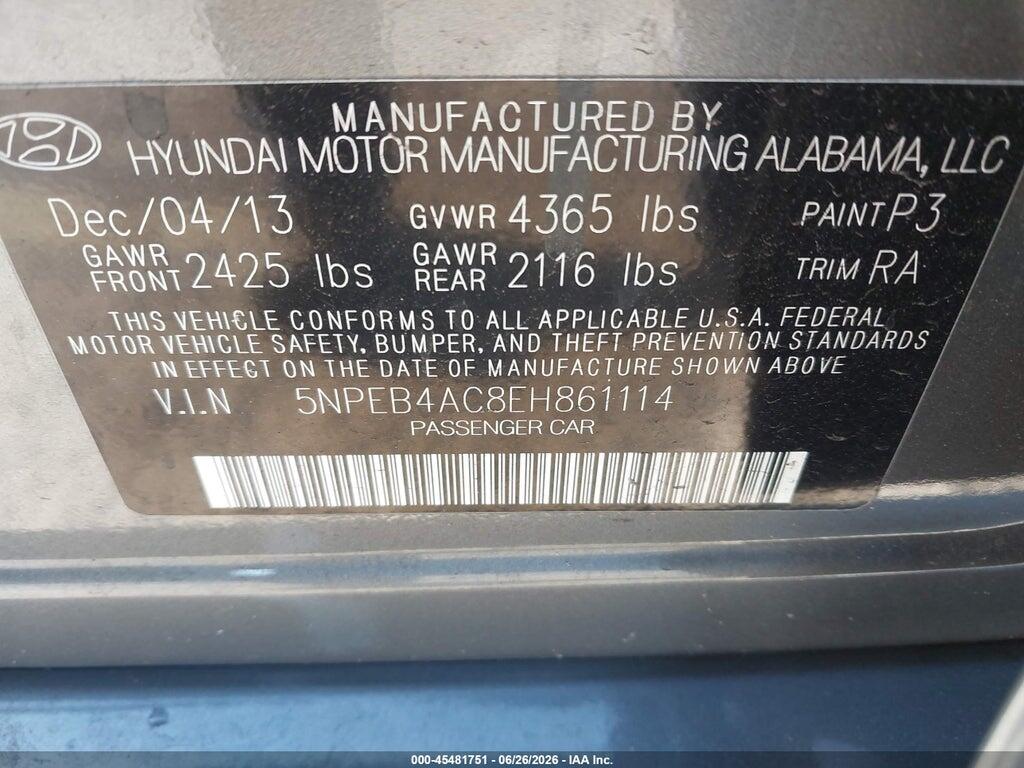 5NPEB4AC8EH861114 2014 HYUNDAI SONATA photo no. 9