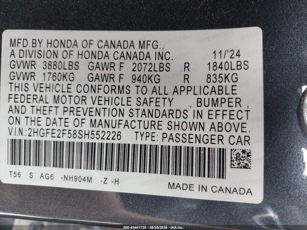 2HGFE2F58SH552226 2025 HONDA CIVIC photo no. 9