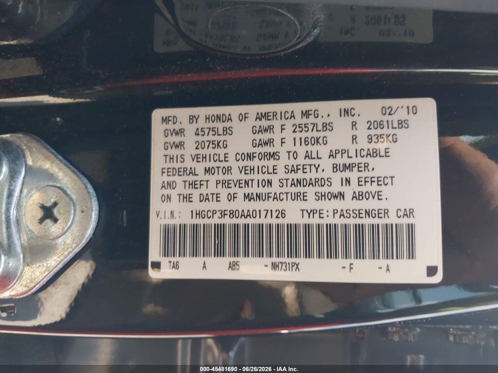 1HGCP3F80AA017126 2010 HONDA ACCORD photo no. 9