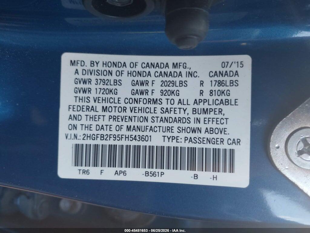 2HGFB2F95FH543601 2015 HONDA CIVIC photo no. 9