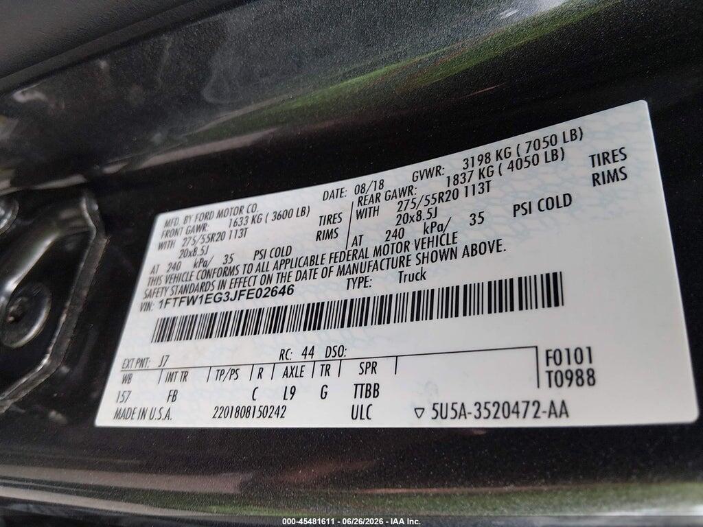 1FTFW1EG3JFE02646 2018 FORD F-150 photo no. 9