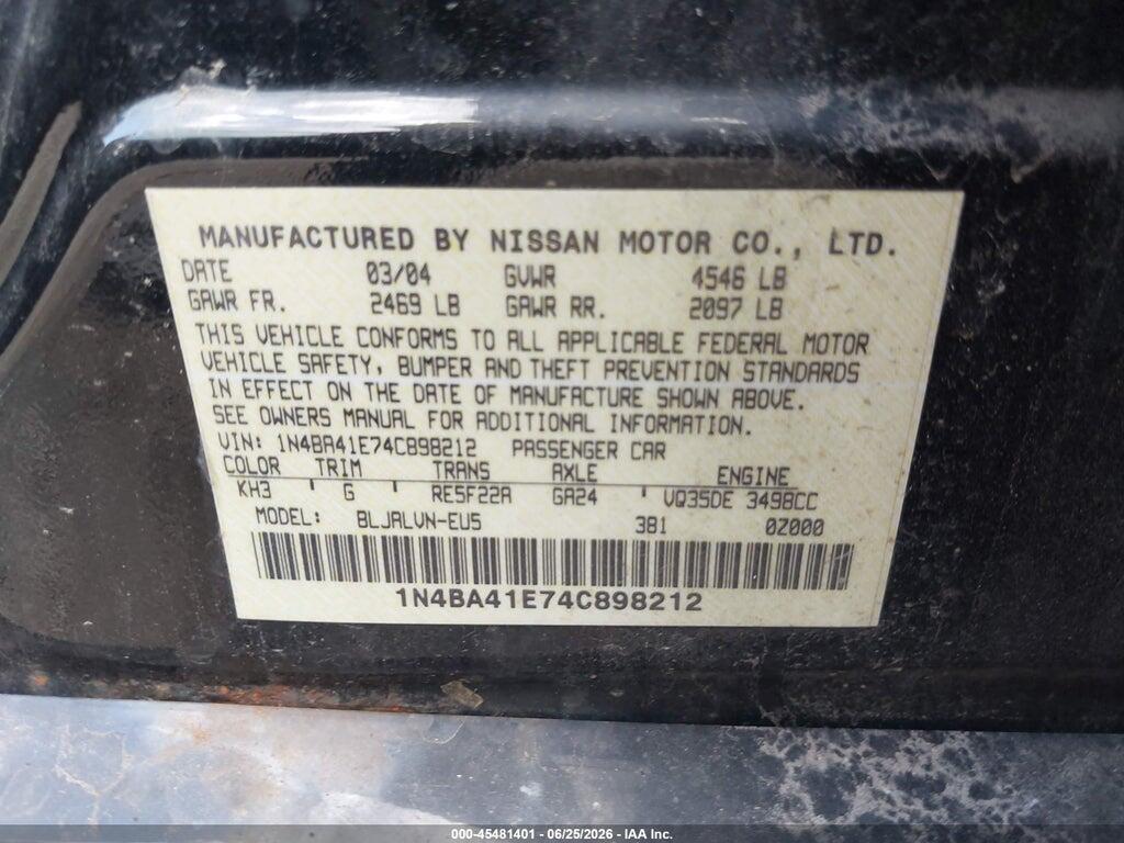 1N4BA41E74C898212 2004 NISSAN MAXIMA photo no. 9