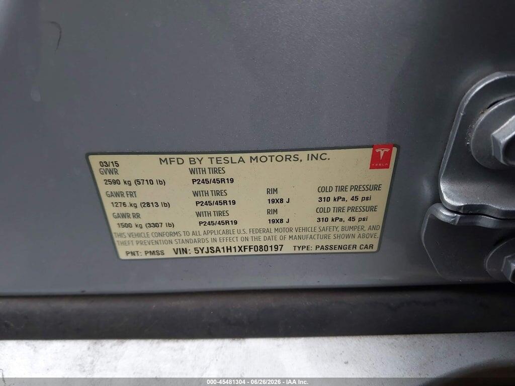 5YJSA1H1XFF080197 2015 TESLA MODEL S photo no. 9