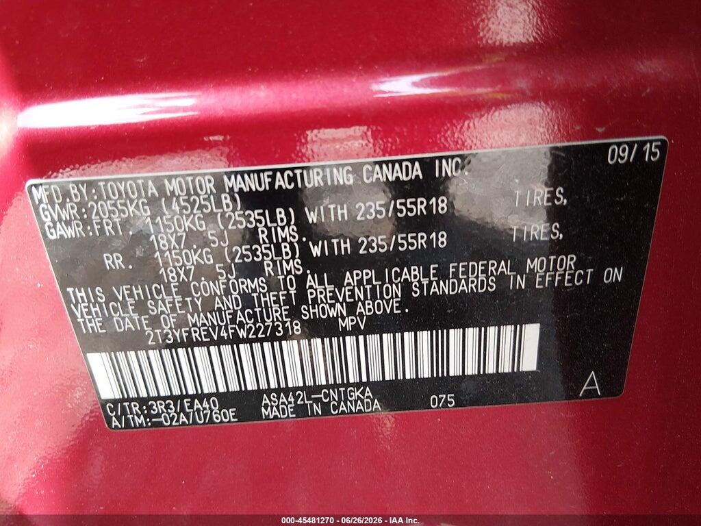 2T3YFREV4FW227318 2015 TOYOTA RAV4 photo no. 9