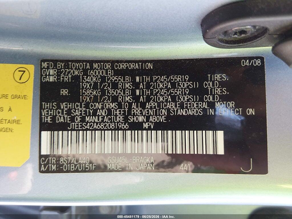 JTEES42A682081966 2008 TOYOTA HIGHLANDER photo no. 9