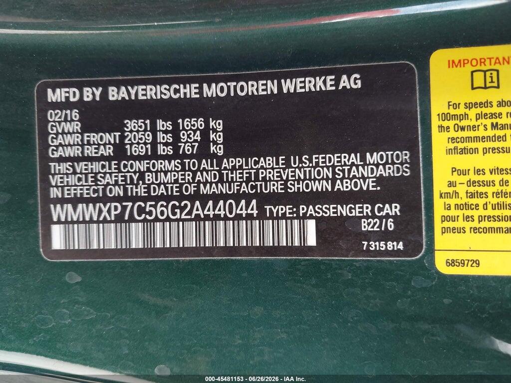WMWXP7C56G2A44044 2016 MINI HARDTOP photo no. 9