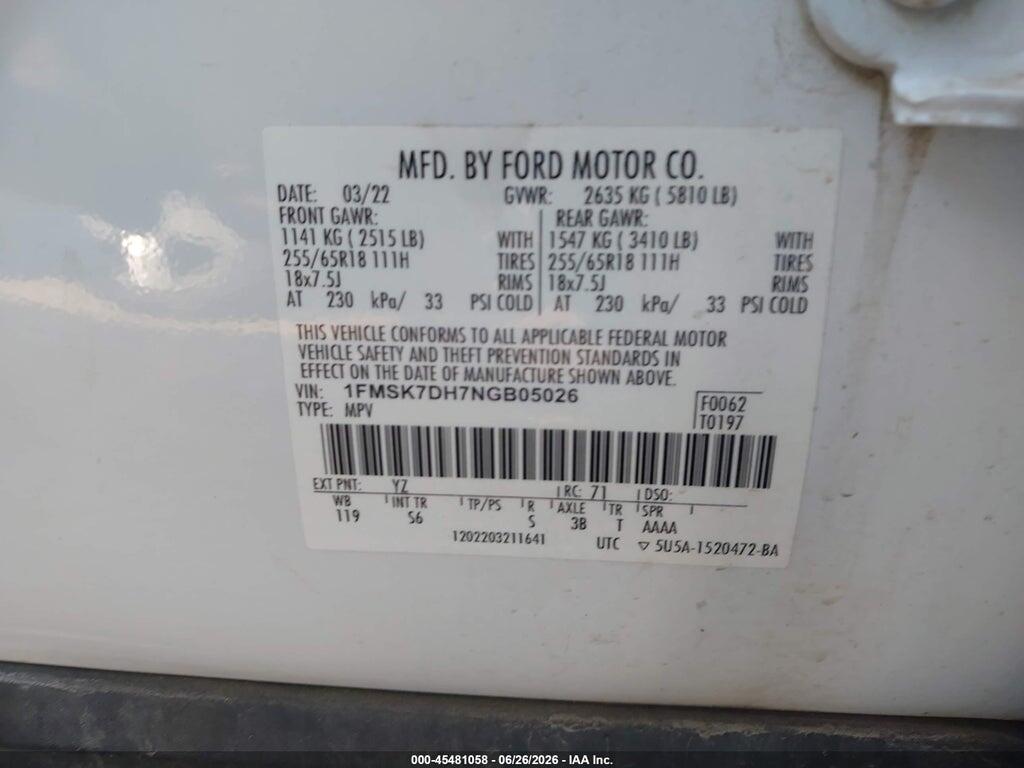 1FMSK7DH7NGB05026 2022 FORD EXPLORER photo no. 9