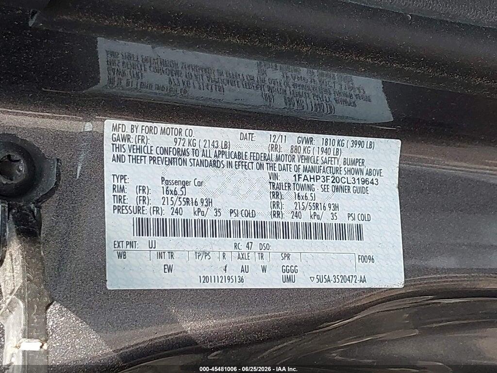 1FAHP3F20CL319643 2012 FORD FOCUS photo no. 9
