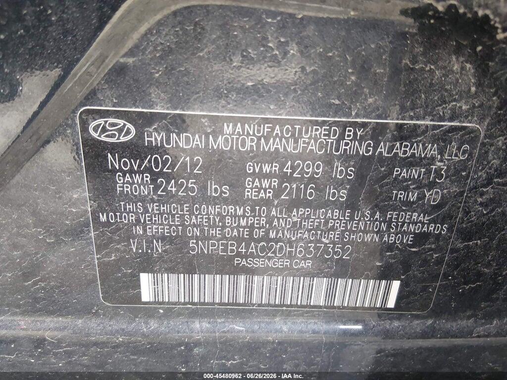 5NPEB4AC2DH637352 2013 HYUNDAI SONATA photo no. 9