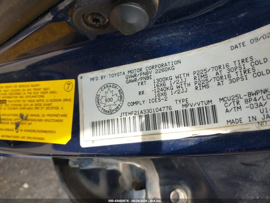 JTEHF21A330104776 2003 TOYOTA HIGHLANDER photo no. 9