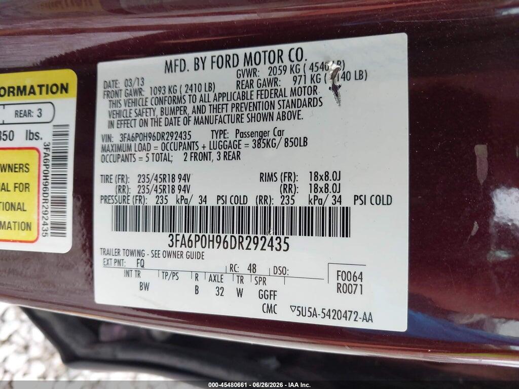 3FA6P0H96DR292435 2013 FORD FUSION photo no. 9