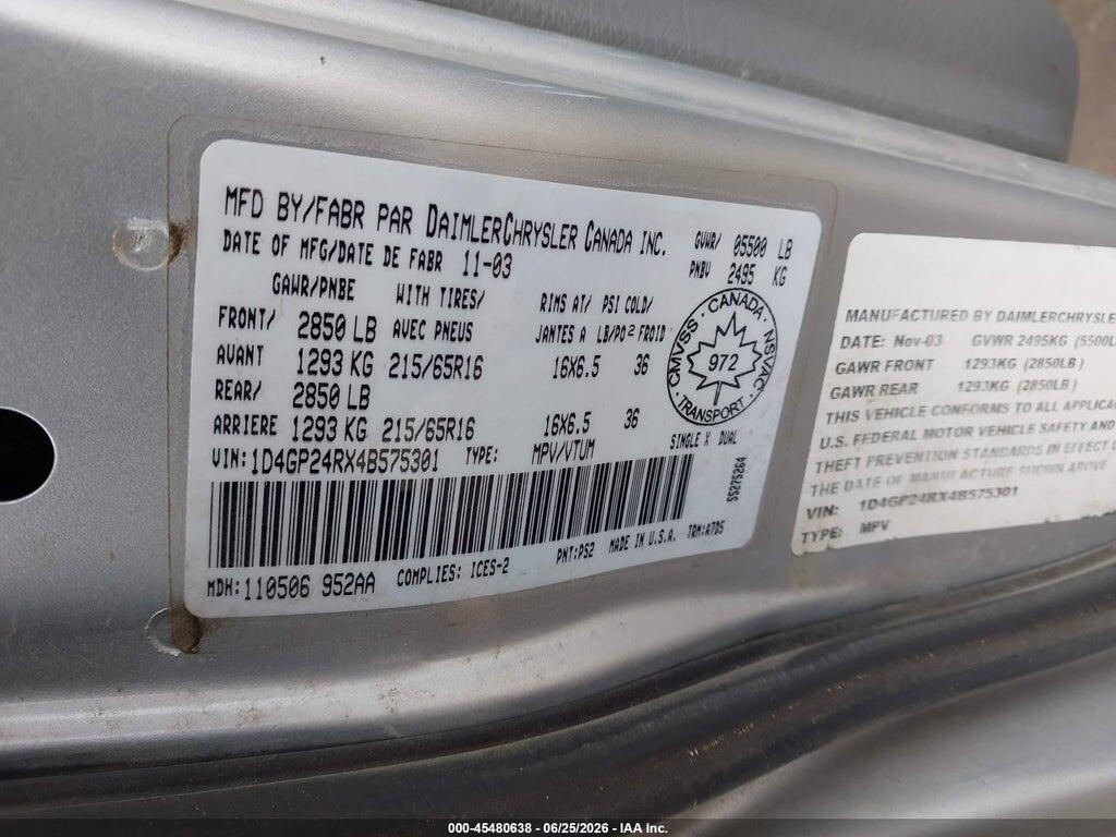 1D4GP24RX4B575301 2004 DODGE GRAND CARAVAN photo no. 9