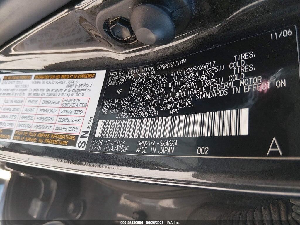 JTEBU14R978087481 2007 TOYOTA 4RUNNER photo no. 9