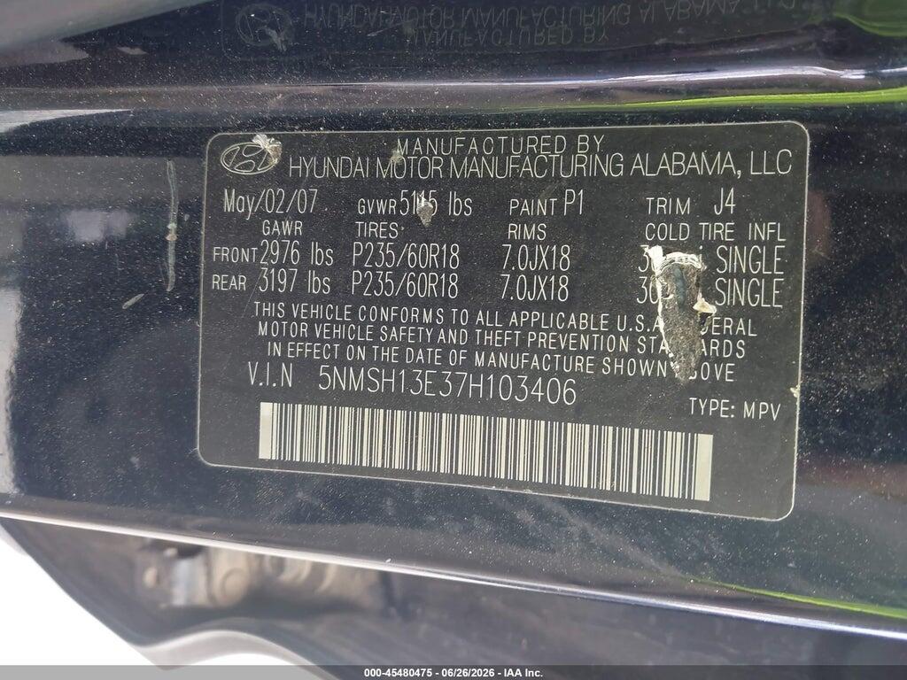 5NMSH13E37H103406 2007 HYUNDAI SANTA FE photo no. 9