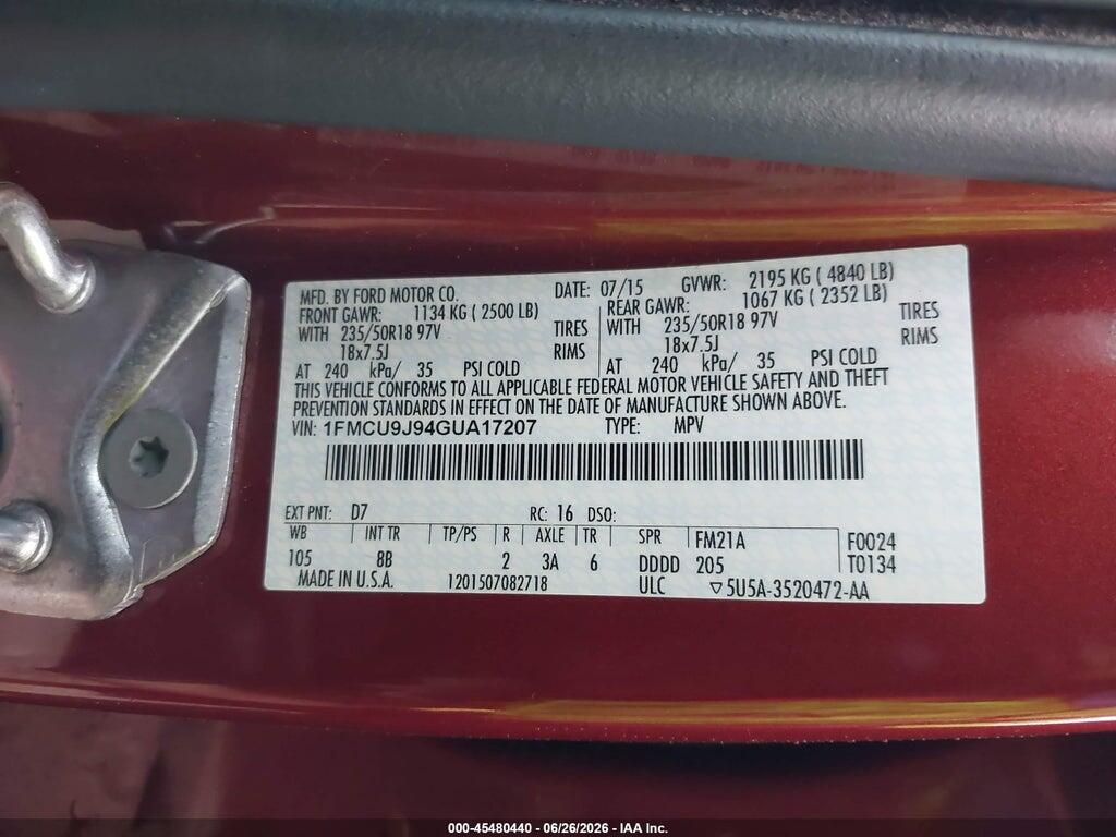 1FMCU9J94GUA17207 2016 FORD ESCAPE photo no. 9