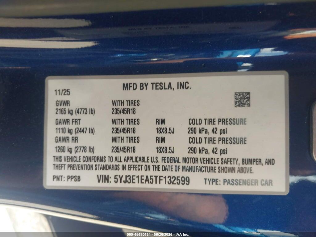 5YJ3E1EA5TF132599 2026 TESLA MODEL 3 photo no. 9