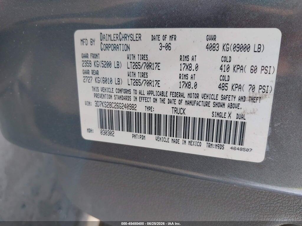 3D7KS28C26G240982 2006 DODGE RAM 2500 photo no. 9