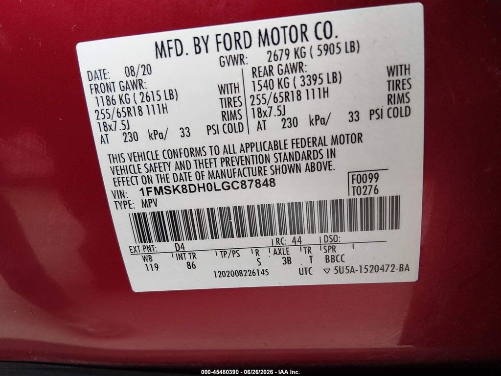 1FMSK8DH0LGC87848 2020 FORD EXPLORER photo no. 9