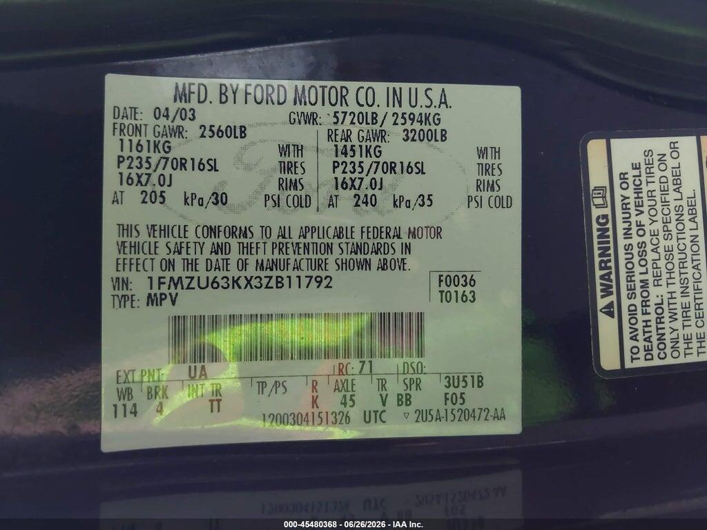 1FMZU63KX3ZB11792 2003 FORD EXPLORER photo no. 9
