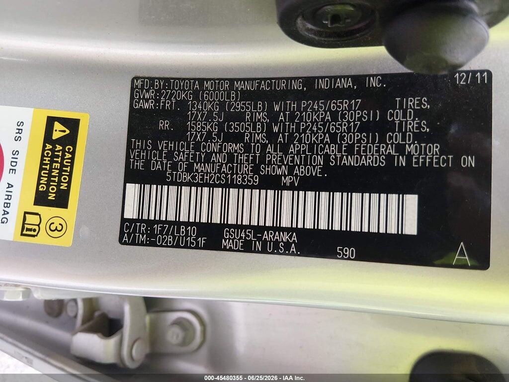 5TDBK3EH2CS118359 2012 TOYOTA HIGHLANDER photo no. 9
