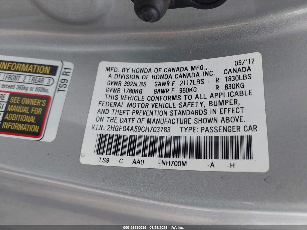 2HGFG4A59CH703783 2012 HONDA CIVIC photo no. 9