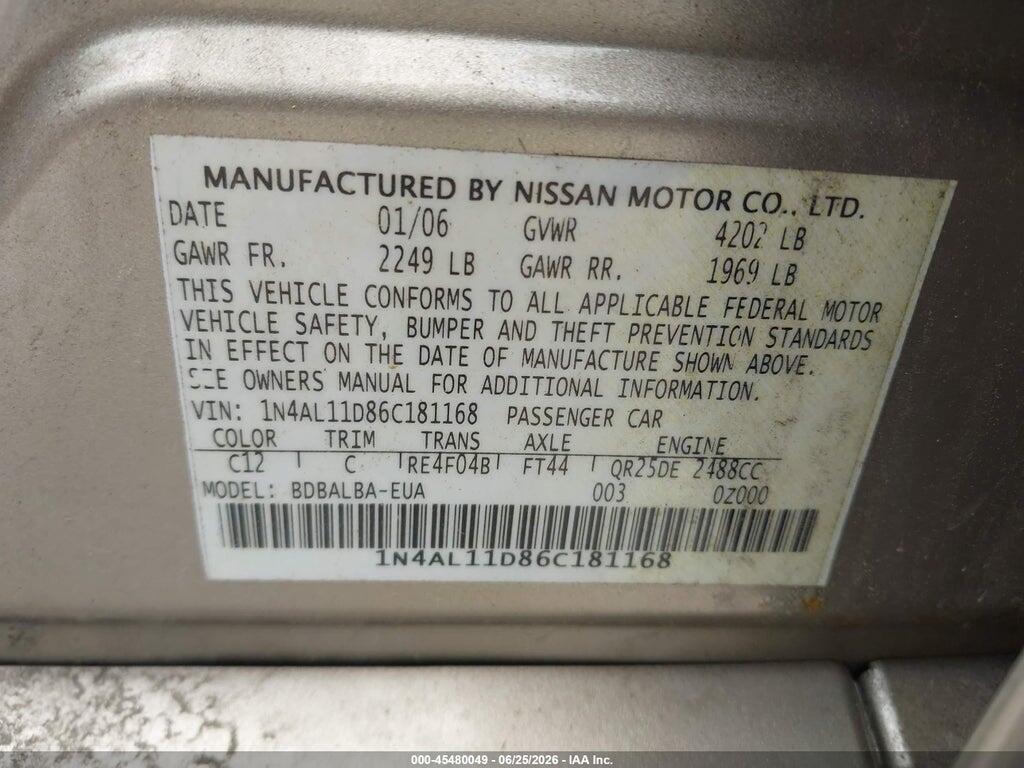 1N4AL11D86C181168 2006 NISSAN ALTIMA photo no. 9
