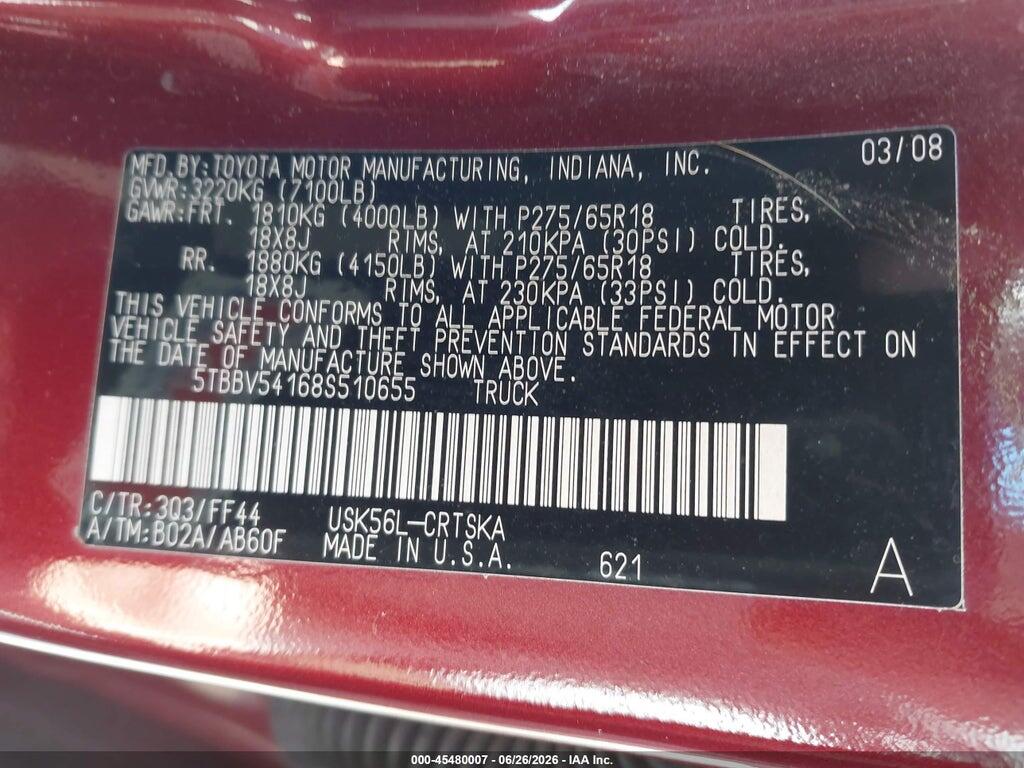 5TBBV54168S510655 2008 TOYOTA TUNDRA photo no. 9