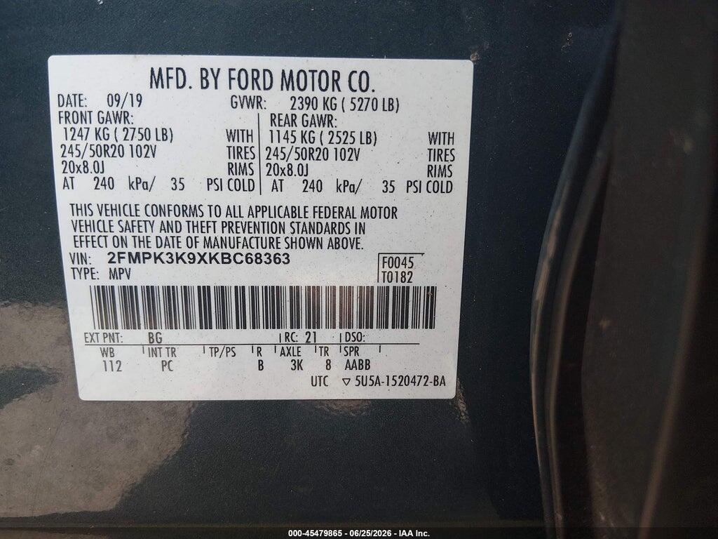 2FMPK3K9XKBC68363 2019 FORD EDGE photo no. 9